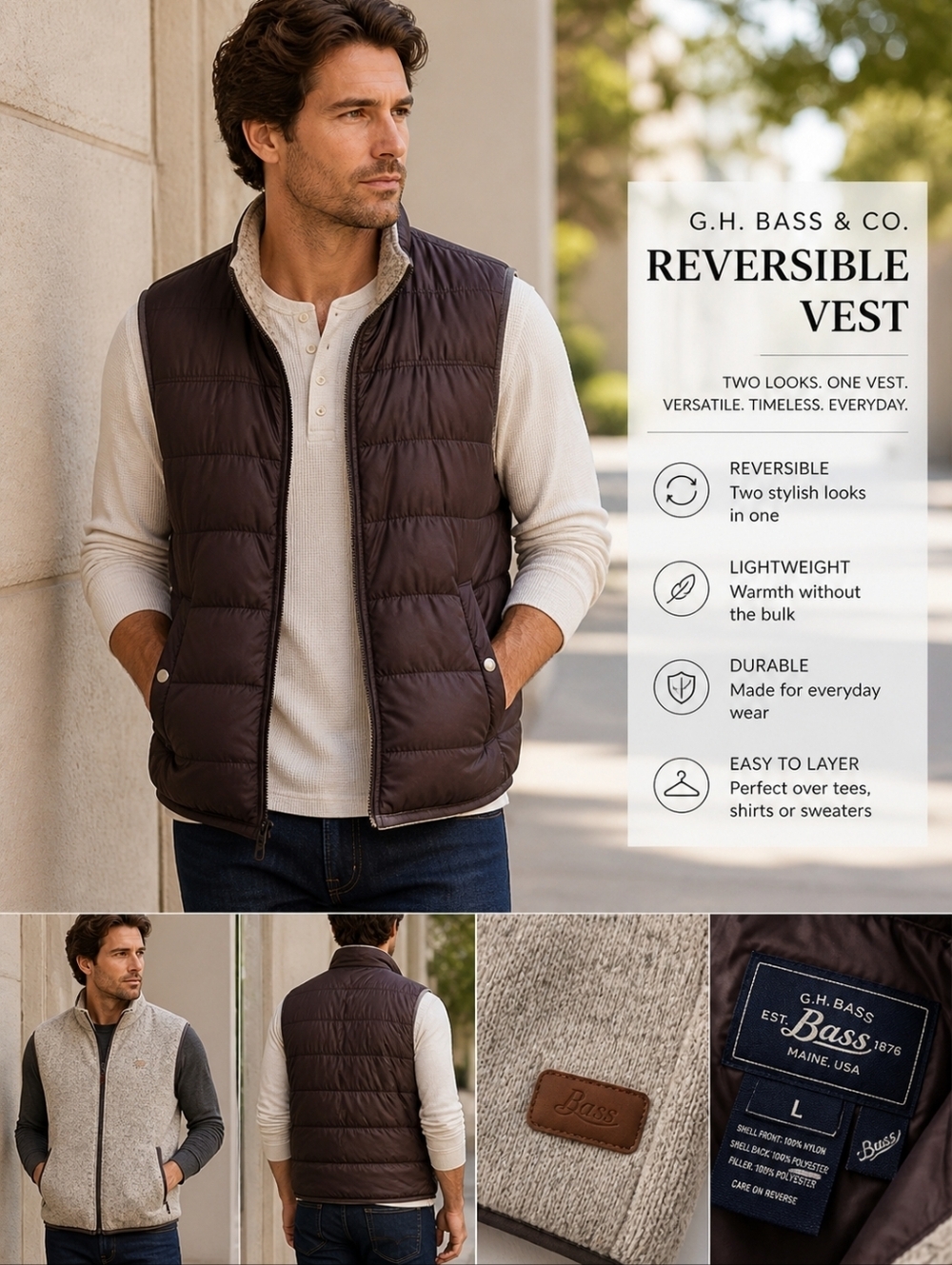 G.H. Bass Reversible Puffer Vest Men’s L Brown Gray Sherpa Fleece Nylon